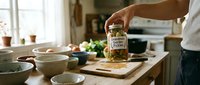 Cook holding jar of pickled vegetables in kitchen with fresh ingredients and cookware on counter.