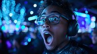 Young African American woman with glasses and headphones expressing extreme excitement against blue bokeh lights background, capturing pure joy and energy.