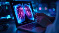 Medical professional examining digital lung scan with glowing pink and blue visualization on laptop screen in dark environment with bokeh lights.