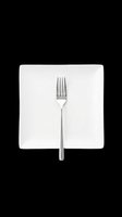 White square ceramic plate with silver fork isolated on transparent background, ready for restaurant menus, food blogs, stickers, print on demand, and t-shirt design.