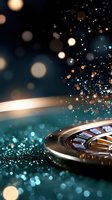 Luxury casino roulette wheel with glowing turquoise and gold bokeh lights, sparkling particles creating magical atmosphere against dark background.