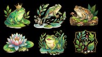 Frog illustrations with crown, lily pad, and foliage elements isolated on transparent background. Ready for t-shirt design, clipart, stickers, print-on-demand products, and sublimation projects.