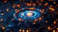 Futuristic digital circular interface with glowing blue and orange lights, perfect for technology presentations, cyber security concepts and AI innovation backgrounds.
