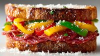 Gourmet sandwich with toasted bread, colorful bell peppers and thinly sliced salami, sprinkled with parmesan cheese for a savory lunch option.