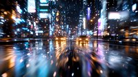 Blurred urban nightscape with rain-soaked streets reflecting neon lights and skyscrapers, creating dynamic motion effect with colorful bokeh and water reflections.