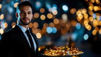 Confident businessman in elegant suit against sparkling bokeh lights background for luxury corporate branding and professional success concepts.