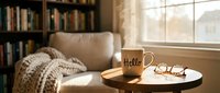 Cozy home reading nook with steaming coffee mug saying Hello, knit blanket on armchair, warm sunlight, bookshelf background, hygge lifestyle concept.