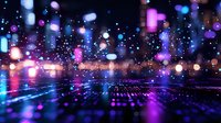 Futuristic digital landscape with glowing neon lights, bokeh effects and reflective surface creating abstract cyberpunk atmosphere in pink, purple and blue colors.