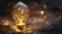 Glowing light bulb with magical golden sparkles and bokeh effects against dark background, creating mystical atmosphere for creative concept designs.
