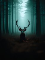 Majestic stag silhouette in misty forest at dawn, dark mysterious atmosphere with teal tones and tall pine trees creating moody nature scene.