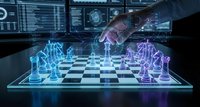Businessman playing holographic chess with glowing digital pieces on futuristic board in high-tech environment with data screens and analytics displays.