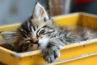 Adorable long-haired tabby kitten sleeping peacefully in bright yellow box, showing relaxed expression and fluffy fur. Perfect for pet care and animal welfare content.