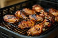 Juicy chicken wings with caramelized honey-soy glaze grilling on black metal grates, showing crispy skin texture and appetizing char marks.