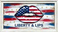 Patriotic lips with American flag pattern on rustic wooden background. Liberty and lips design for Independence Day celebrations and national pride themes.