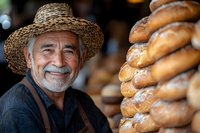 Smiling elderly Hispanic baker with straw hat standing beside fresh bread loaves in traditional bakery. Artisan food production and small business concept.