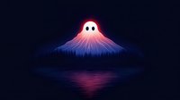 Glowing mountain peak with cute ghost character emerging from summit reflects in calm water against dark night sky background, creating magical atmosphere.