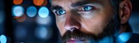 Close up portrait of bearded man with intense blue eyes illuminated by computer screen glow in dark environment, showing focus and concentration.