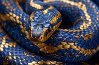 Close up macro shot of blue and gold snake with detailed scales and piercing eyes, coiled body showing intricate pattern in dramatic lighting. Suitable for wildlife and nature designs.