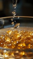 Macro shot of golden liquid drops falling into glass with ice cubes, capturing splash and refraction effects in amber beverage against dark background.