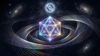 Sacred geometry cosmic cube with yin yang symbol floating in space surrounded by energy spirals and distant galaxies for spiritual meditation designs.
