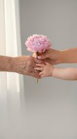 Elderly and young hands exchanging pink peony flower in tender gesture showing intergenerational love, care and connection between grandmother and grandchild.