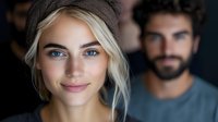 Young Caucasian woman with blonde hair and blue eyes wearing gray beanie smiling at camera, with bearded man in background. Natural lighting creates soft portrait mood.