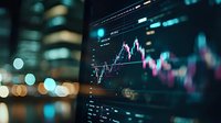 Financial market data displayed on digital screen with stock price chart and trading indicators against blurred city lights background at night.