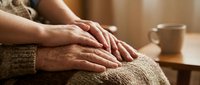 Caring hands of adult child comforting elderly parent in warm home setting with coffee cup nearby showing family support and compassion during difficult times.