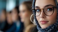 Young Middle Eastern woman wearing hijab and stylish glasses smiles confidently in office setting, with coworkers visible in background. Professional portrait captures modern diversity.