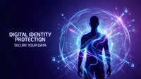 Cybersecurity concept with silhouette figure surrounded by glowing digital shield and lock icons on purple background for data protection technology.