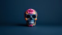 Colorful Mexican sugar skull decorated with pink floral patterns on dark blue background, traditional Day of the Dead celebration symbol for festive designs.
