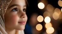 Young Middle Eastern girl wearing hijab gazes upward with hopeful expression against soft golden bokeh lights background, capturing innocence and cultural diversity.