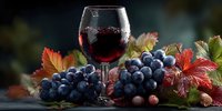 Glass of red wine with fresh grape clusters and colorful autumn vine leaves on rustic wooden surface for winery marketing and seasonal dining.