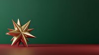 Golden metallic star ornament with pointed rays on festive red and green background for holiday decorations and Christmas celebrations.