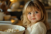 Young blonde girl with rosy cheeks wearing cream sweater sits at kitchen table with mixing bowl, capturing innocent childhood moment in warm natural lighting.
