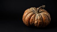 Textured orange pumpkin with deep ridges and weathered surface isolated on black background, suitable for autumn harvest designs and seasonal marketing materials.