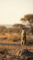 Meerkat standing guard on termite mound in African savanna during golden hour sunset with acacia trees in blurred background for wildlife photography.