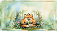 Two foxes sitting together surrounded by wildflowers and ferns in a watercolor forest setting, suitable for nursery art and wildlife illustrations.