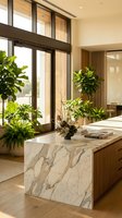 Modern minimalist living room with marble coffee table and lush green plants by floor-to-ceiling windows creating bright natural light atmosphere.