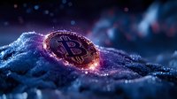 Bitcoin cryptocurrency symbol glowing on digital wave surface with particle effects and bokeh lights for blockchain technology concepts.
