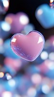 Floating pink heart shape with glossy surface against blurred blue and purple bokeh background creates romantic atmosphere for Valentine's Day designs.