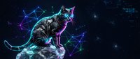 Futuristic digital cat with glowing neon outlines sits on rock against starry space background with geometric network connections and bright cosmic elements.