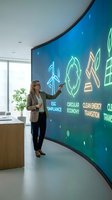 Professional businesswoman presenting sustainability concepts on interactive digital wall display in modern corporate office environment.
