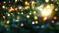 Glowing string lights and green leaves create magical bokeh effect against dark background, setting romantic mood for garden parties and festive occasions.