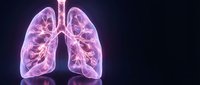 Medical illustration of human lungs with bronchial tree structure in pink and purple colors on dark background for healthcare education and respiratory system study.