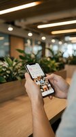 Man holding smartphone displaying social media feed in modern office workspace with plants and contemporary lighting for business communication and digital marketing concepts.