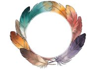 Colorful feathers arranged in a circular frame with watercolor effect, isolated on white background, suitable for design projects, invitations, and decorative applications.