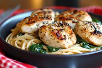 Pan-seared scallops served over linguine pasta with wilted spinach and garlic butter sauce in dark ceramic bowl, close up view on rustic table setting.