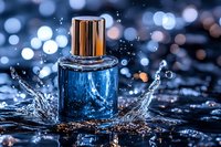 Blue glass perfume bottle with water splash and bokeh lights on dark background, luxury cosmetic product photography for advertising and beauty industry.