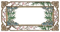 Ornate decorative frame with bamboo leaves and cherry blossoms in Asian style design. Empty white center space for text or graphics on isolated background.